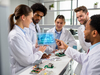 Diverse team of young engineers and scientists collaborating in a modern lab, using a transparent tablet with a holographic 3D blueprint for innovative technology development and research.