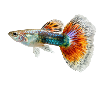 Colorful male guppy fish with vibrant finnage swimming isolated on transparent background