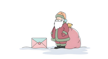 Whimsical hand drawn illustration of santa claus with a sack of gifts and a letter isolated on white background