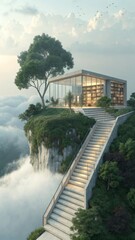 Modern glass pavilion overlooking clouds reached by staircase