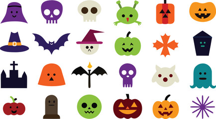 Fototapeta premium Collection of cartoon halloween icons including pumpkins witches hats ghosts bats and spooky characters