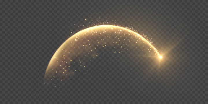 A golden magical comet effect with multiple sparkling bokeh and shimmering light effects. A magical golden wind for web design and fairy tales. Vector.