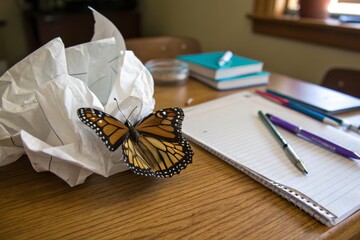 Monarch Butterfly Resting on Crumpled Paper Near Notebook