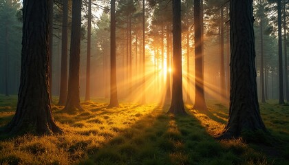 Obraz premium Sunlight streams through tall trees in dense forest casting long shadows on grassy forest floor. Morning light filters through branches creating peaceful, natural atmosphere and illuminating woods.