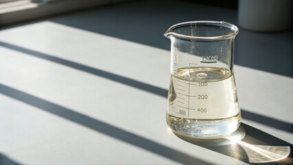 Clear laboratory beaker filled with liquid casting shadows on a table