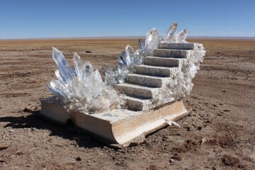 Monumental Sculpture of an Open Book with Crystal Stairs in Desert