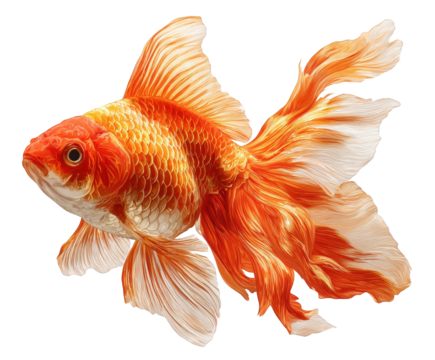 Vibrant orange and white goldfish with flowing fins, isolated on transparent background