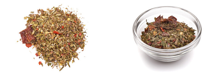 Close-Up macro of dried blend Italian Seasoning mix, grated herbs and spices for cooking, isolated on white background