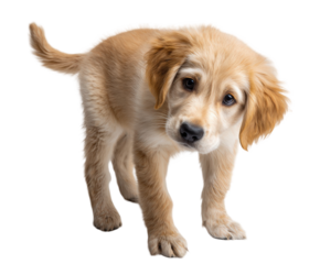 Adorable golden retriever puppy tilting its head curiously, isolated on transparent background