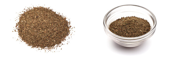 Dried basil spices, ingredients for cooking, isolated on white background
