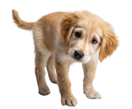 Adorable golden retriever puppy tilting its head curiously, isolated on transparent background