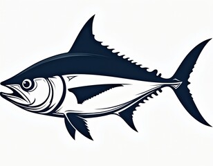 Obraz premium Tuna fish illustration, side view, navy blue and white. Simple graphic style, suitable for logos, icons, or editorial use. Depicts marine life, ocean, and healthy food.