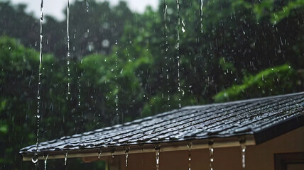 Rain pouring down from the roof.