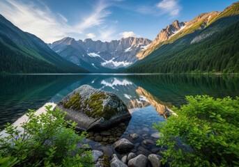 Serene mountain lake reflects majestic peaks under a dramatic sky