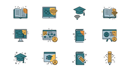 Online Education and Learning Icons E-learning, Graduation, Books, and Computer Icons for Websites