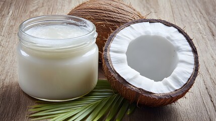 Organic Coconut Oil in Jar with Fresh Coconuts