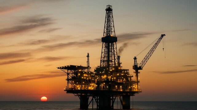 Silhouette of an offshore oil rig at sunset, captured from a low angle. The scene is ideal for a video focusing on energy or industrial themes. Live desktop wallpaper.