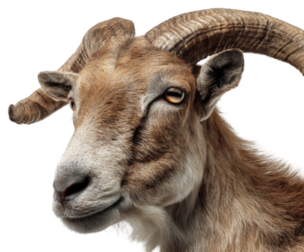 Closeup portrait of a wild ram with large curved horns isolated on transparent background