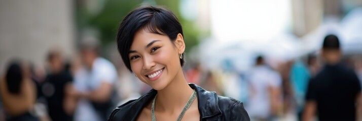 Young asian female smiling in urban setting with short hairstyle and leather jacket