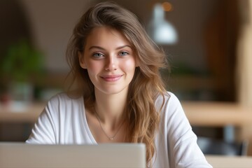 Young caucasian female smiling at laptop in cozy workspace