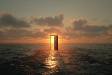 Open door floating in the ocean at sunset symbolizing a new start