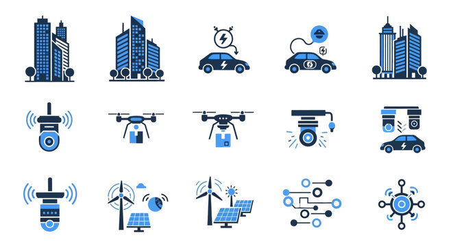 Urban Technology Icons Buildings, Electric Cars, Drones, Wind Turbines, Solar Panels, and Data Networks