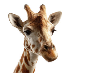 Fototapeta premium Closeup portrait of a giraffes head with distinctive patterned fur, isolated on transparent background