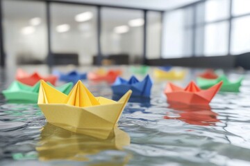 Origami boats floating peacefully on water in a modern office setting