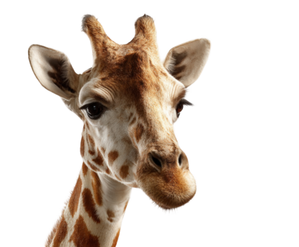Closeup portrait of a giraffes head with distinctive patterned fur, isolated on transparent background - Powered by Adobe
