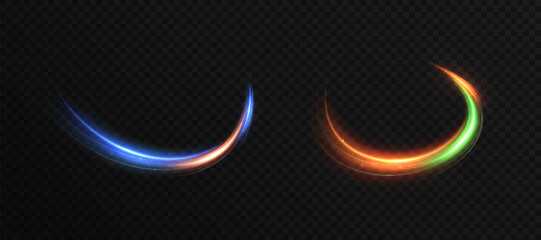 A set of glowing, brightly colored swirls and curved lines on a transparent dark background. A light effect for digital motion design, overlays, and abstract energy effects.