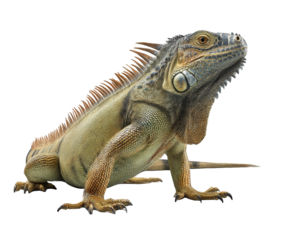 A green iguana with spiky crest, isolated on transparent background