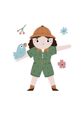 Cute Young Explorer Girl in Safari Outfit Holding a Bird. Vector Illustration for Kids Print, Frame Art, Nursery Decoration