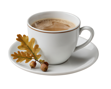 Cozy white coffee cup and saucer with hot beverage and golden dry oak leaf. acorn and warm autumn theme create comfortable and relaxing mood