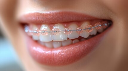 Obraz premium Radiant smile highlights the effectiveness of clear braces, emphasizing dental health and confidence in transformation