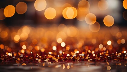 Golden glowing bokeh lights with sparkling red glitter in the foreground, creating a warm festive background ideal for Christmas, New Year and holiday celebration designs.
