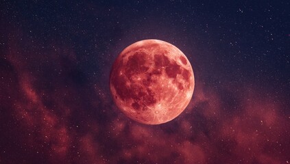Obraz premium A dramatic, vibrant celestial scene featuring a colossal, reddish full moon in a starry cosmos