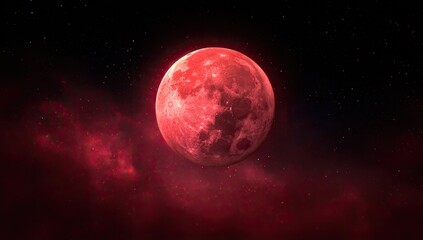 Obraz premium Crimson celestial sphere glows with craters amid cosmic dust against a star-speckled, dark expanse