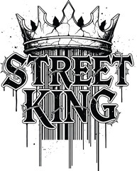 Street King Gothic Text with Grunge Crown and Barcode Pattern Black and White Vector