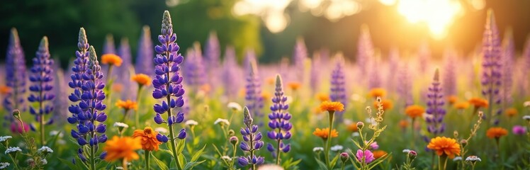 Obraz premium Field of vibrant purple lupine and orange flowers in soft sunlight. Floral illustration of wildflowers in a meadow. Nature scene at summer sunset or sunrise.