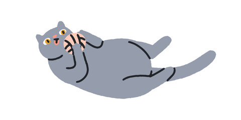 Playful cat with yarn ball in paws. Cute funny feline animal lying belly up, holding toy, playing in goofy pose. Adorable naughty pet behavior. Flat vector illustration isolated on white background.