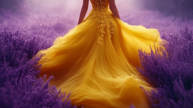 A woman twirls in a bright yellow gown, enveloped by a magical lavender landscape at dusk, radiating elegance