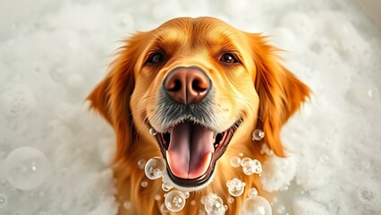 Playful golden retriever surrounded by soap bubbles in warm diffused lighting during a bathtub close-up.