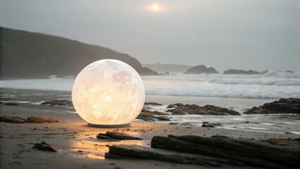 Glowing decorative sphere on sandy beach at sunset with waves