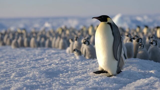 Emperors and chicks coexist on the ice, displaying their daily routines and interactions in the cold Antarctic landscape during the winter season