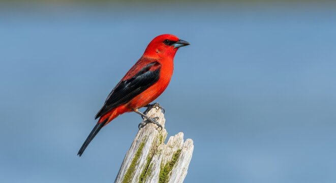 Vibrant scarlet tanager perched on a textured branch against a soft blue background