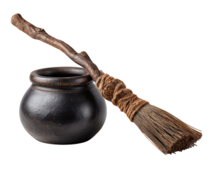 Mysterious witch broomstick leaning on black cauldron for Halloween. This magical, spooky object for witchcraft and sorcery holds powerful potion for fairy tale