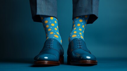 Bold blue shoes and cheerful polka dot socks make a striking fashion statement for any stylish outfit