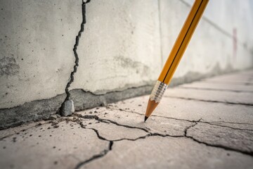 Pencil documenting crack damage on a cracked concrete surface