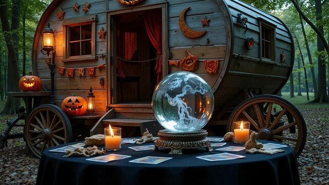 Eerie Halloween Fortune Telling Caravan Scene Zoom Out in 4K Video, Perfect for Spooky Season Marketing and Magical Fantasy Projects