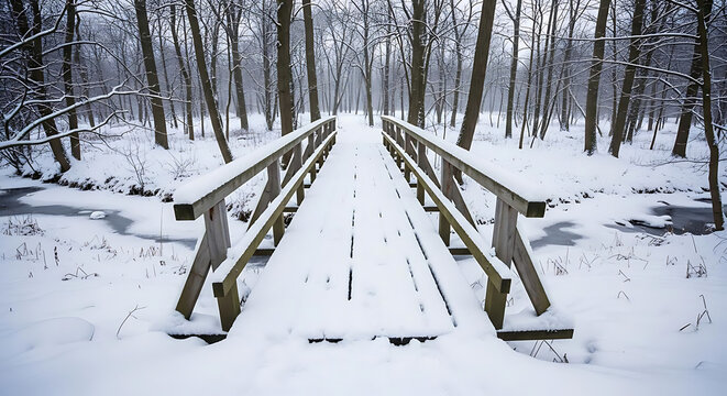 A snow covered wooden bridge crossing a stream in a winter forest landscape scene view ai generated - Powered by Adobe